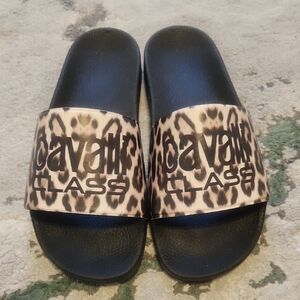 NWOT Cavalli Class Black and Leopard Print Slides Sandals Flipflops Size 39